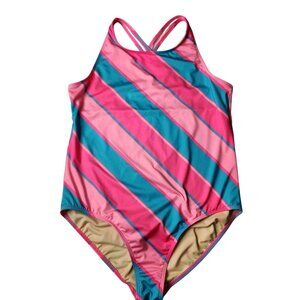 Vintage Women's Lands End Swimsuit Bathing One Piece Bright Pink Blue Stripes XL